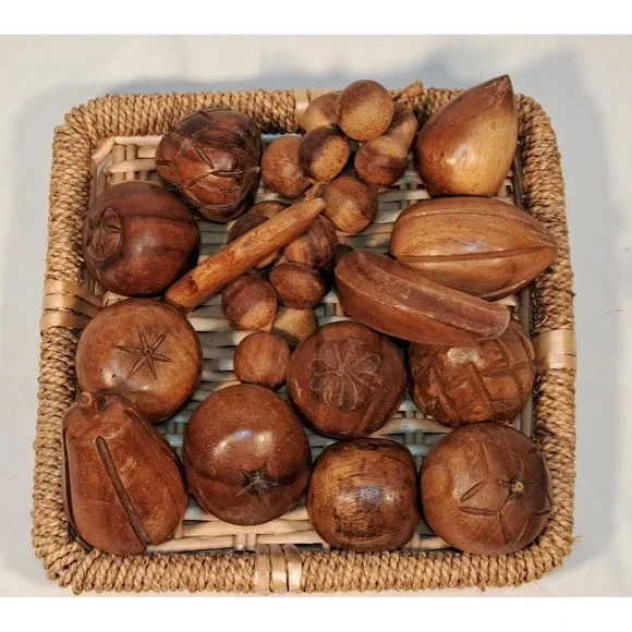 Vintage Hand Carved Wooden Fruit Set with Woven Wicker Basket Centerpiece Decor‎