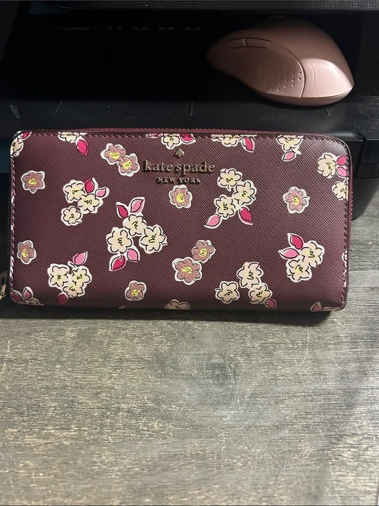 Kate Spade Tinsel Large Continental Wallet in Deep‎ Berry Multi floral print.