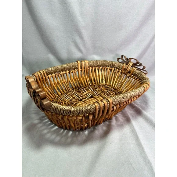 Vintage Wicker Basket Brown Oval Bentwood Bow Handles Cottagecore  18.5