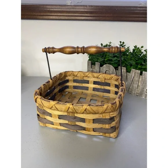 Woven Square‎ Basket Wooden Handle Rustic Farmhouse Home Decor Storage