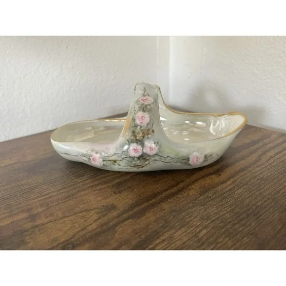 Antique French Limoges Handled Porcelain‎ Basket Hand Painted Floral & Gold