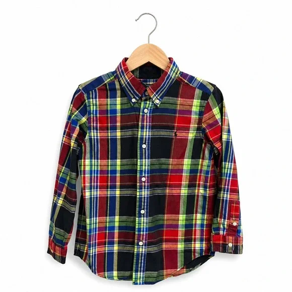 Ralph Lauren Boys Multi Color‎ Plaid Cotton Button Down Shirt Size 7 Long Sleeve