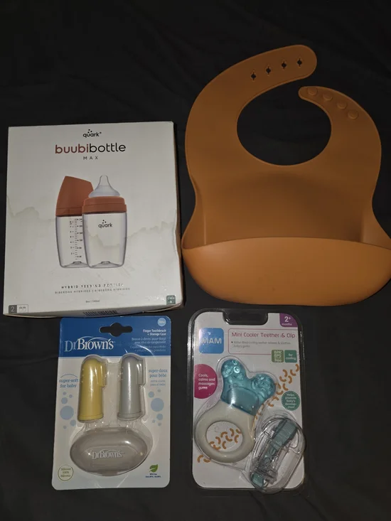Quark buubibottle Max + Silicone Bib & Dr. Browns Baby Toothbrush & MAM Teether