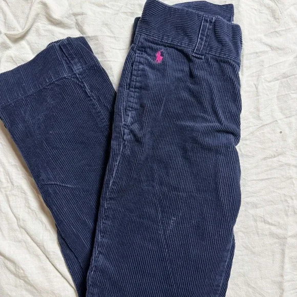 Ralph Lauren Girls Corduroy Navy Blue Pants Size 10 Straight Leg Pink Pony