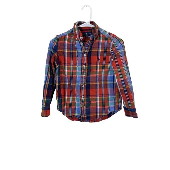 Polo Ralph Lauren Shirt Boys Small 8 Red Blue Plaid Flannel‎ Button Down Tartan