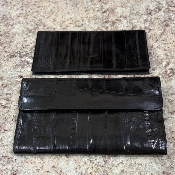 Vintage Black genuine eel skin Leather wallet and check cover