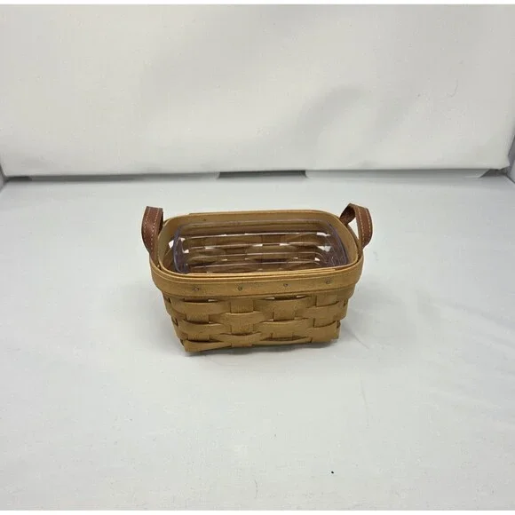 Longaberger 2003 Small Handwoven Basket Leather Handles Plastic Protector EUC