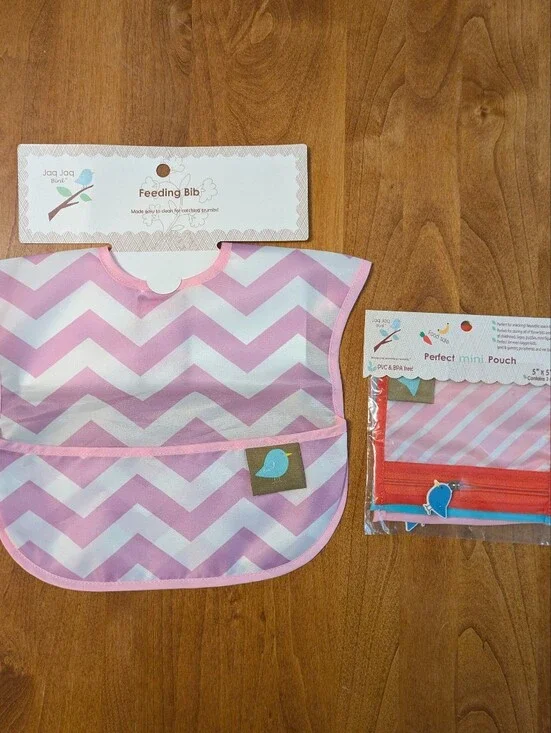 Jaq Jaq Bird Pink Chevron Feeding Bib with Pocket & 3 Perfect Mini Pouches