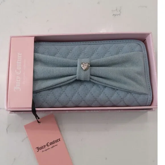 NWT Juicy Couture quilted denim wallet Chambray  glam bow w charm soft Feminine