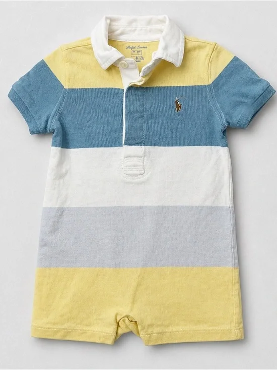 Ralph Lauren yellow blue and white cotton Polo color block romper size 9 months