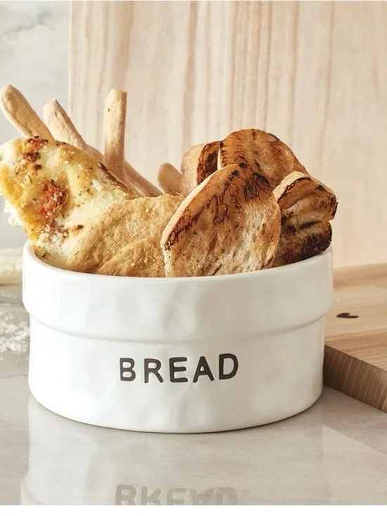 White Ceramic Bread Crock with Black Lettering