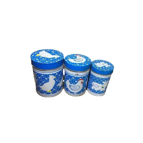 Vintage Blue Animal Canister Set Duck Chicken Cow Metal Tins‎ 3pc Kitchen