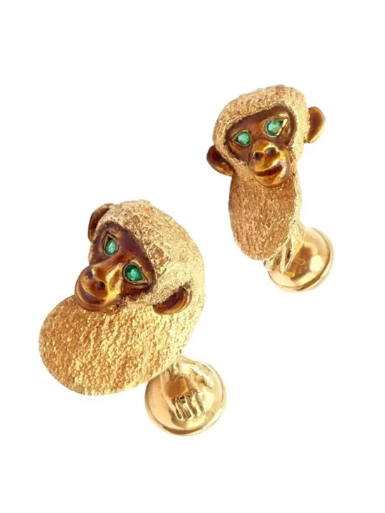 Vintage Tiffany & Co. 18k Yellow Gold Emerald Enamel Monkey Cufflinks 1991