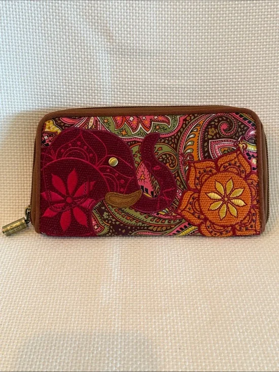 Karma Boho Patchwork Zip Around Wallet Elephant Floral Paisley Pink Card Holder