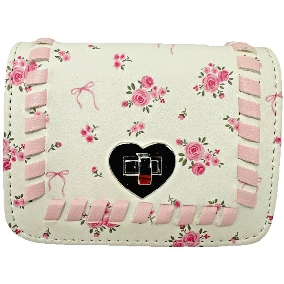 Madden Girl Floral Bow Wallet White Pink Turn Lock Small Wallet Coquette NWT
