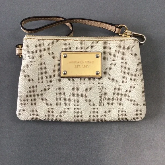 Michael Kors Wristlet Tan/Beige AV-11410 Ivory MK‎ Signature Leather.