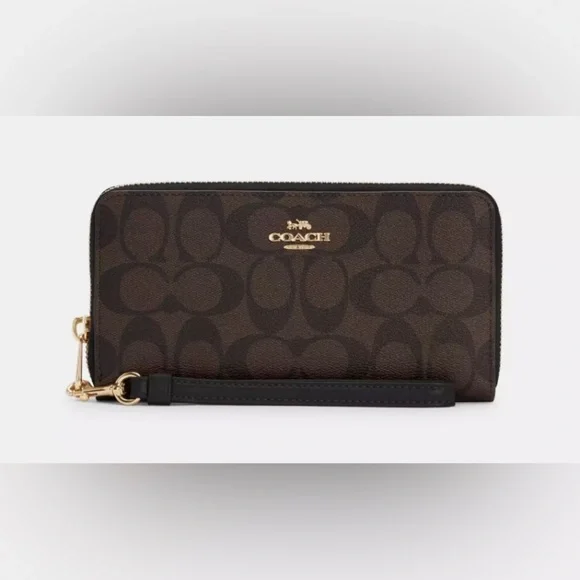 Coach - NEW - Long Zip Around Wallet In Signature Canvas. Gold/Brown Black