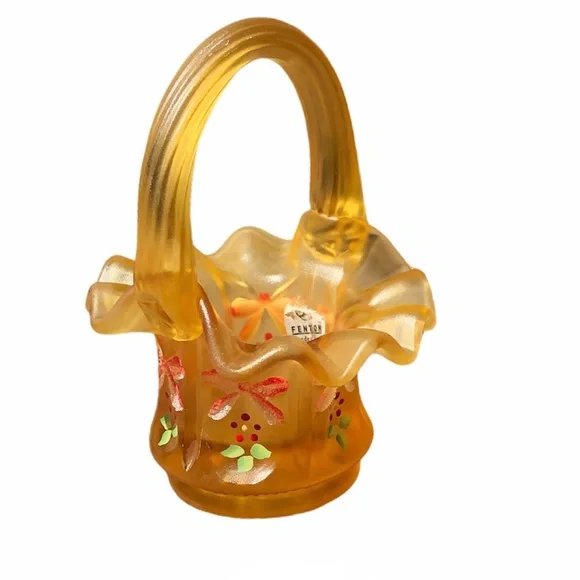 FENTON AMBER GLASS CHRISTMAS BOWS & HOLLY MINI BASKET 2