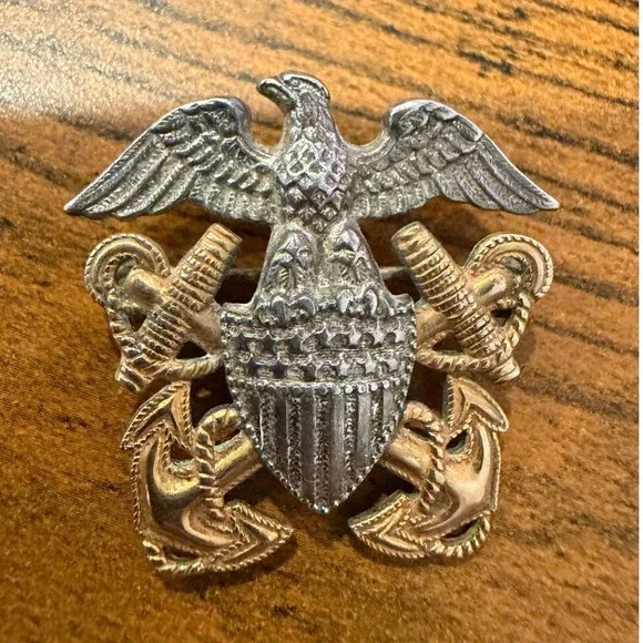 Vintage US Navy OfficerCap Device Pin Sterling Silver 1/10 10K Gold Filled Eagle