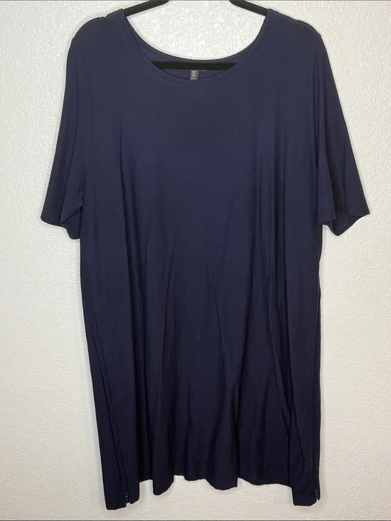 Ellen Fisher Navy Tee Shirt Dress Tunic Side Zipper Details Size 1X Lagenlook