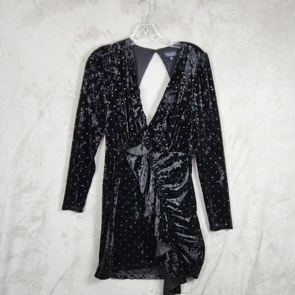 Topshop Velvet Mini Dress Womens 4 Black Rainbow Studded Open Back Party Club
