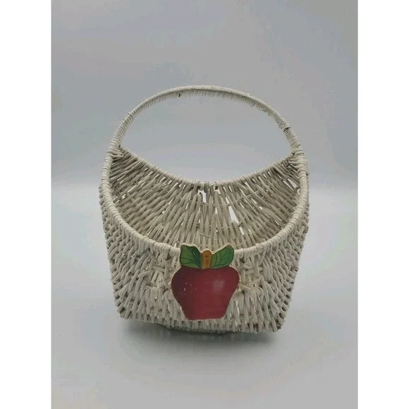 Vintage White Wicker Wall Or Standing Basket Organizer Fruit Mail Holder Rustic