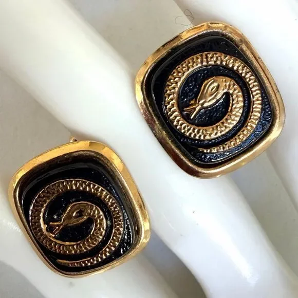 Gold Tone Black Enamel Snake Cufflinks Vintage