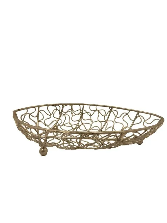 Silver Filigree Basket Leaf Oval Pedestal Metal Wire Football Shape