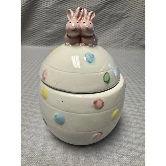 Vintage Egg-Shaped Trinket Box White Dotted With 2 Pink Bunnies on Top