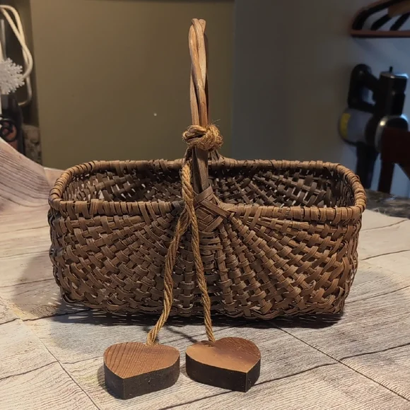 Handwoven Brown Basket with Heart Accents