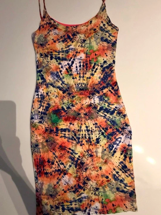 Abstract Print Bodycon Mini Dress Neon Pink Festival small Y2K Psychedelic mesh