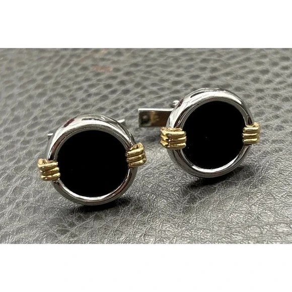 Vintage DOLAN BULLOCK Sterling Silver & 14K Mixed Metal Black Onyx Cufflinks