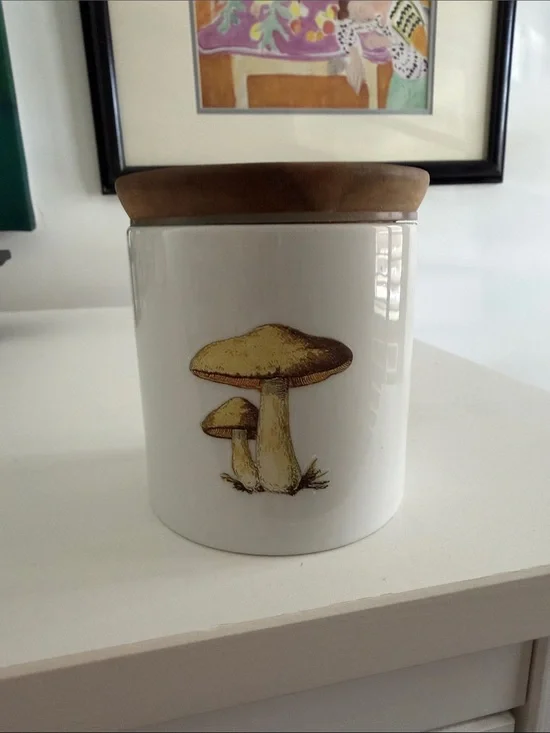 White Ceramic Kitchen Canister with Brown Mushroom Graphic and Wood Lid