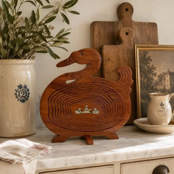 Vintage Wooden Duck Trivet French Country Kitchen Decor Inlay Mother of Pearl