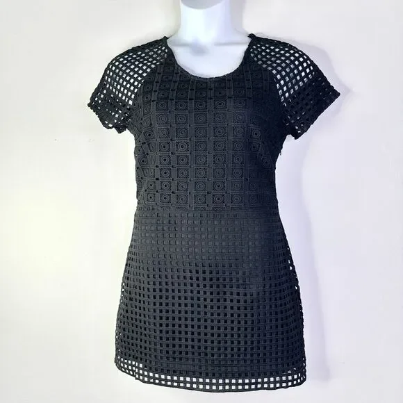 KARLIE Dress Women L Black Lace Eyelet Crochet Short Slv Sheer Boho Indie NWT