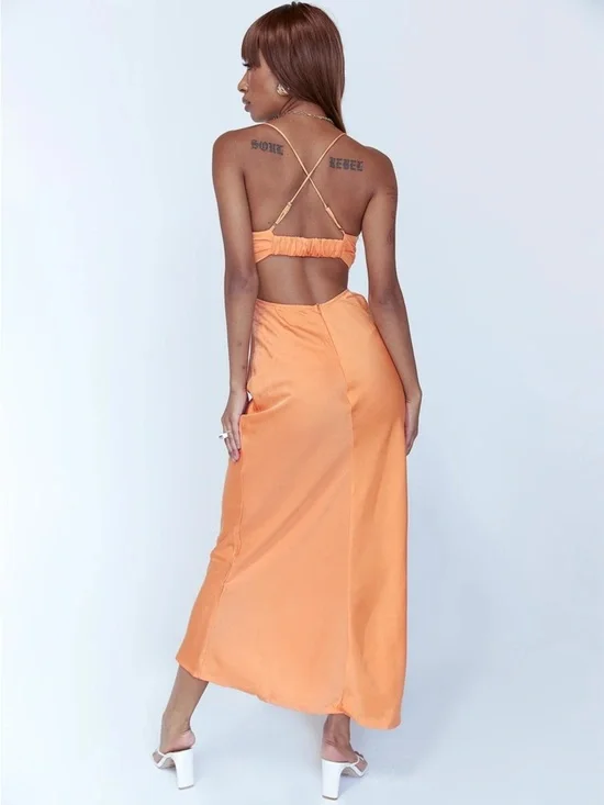 Princess Polly Giselle Midi Dress Peach Satin Cutout Cowl Neck NWT US 6