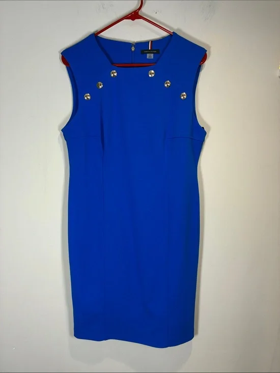 Tommy Hilfiger Blue Sheath Dress Silver Logo Buttons Size 12 Career