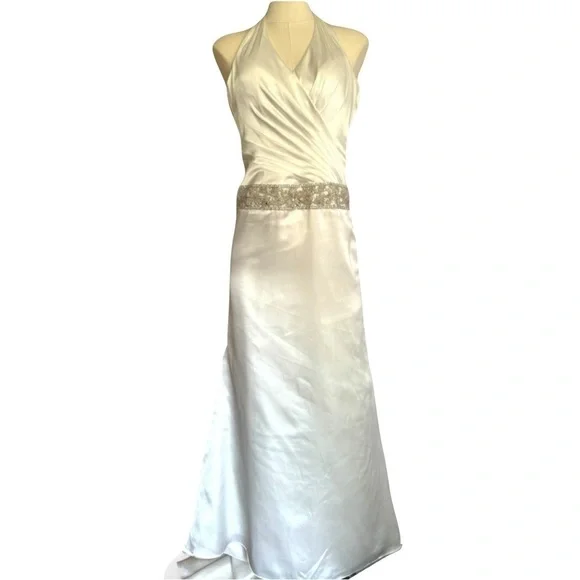 GALINA SIGNATURE NWT womens ivory ruched bodice charmeuse halter bridal gown