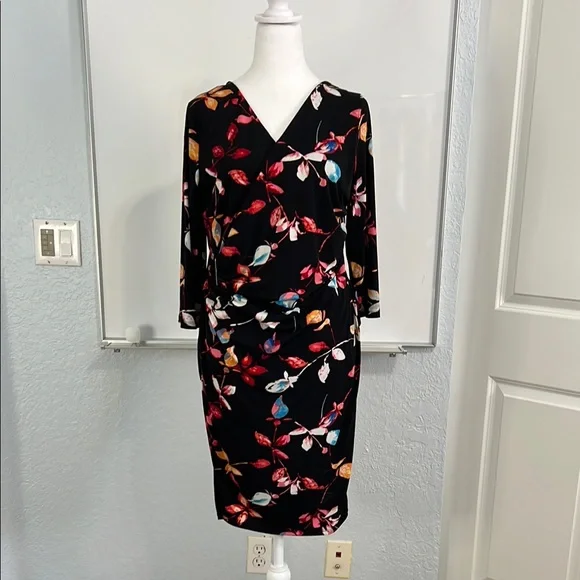 Jennifer Lopez Floral V-Neck Faux Wrap Dress - Black Multicolor