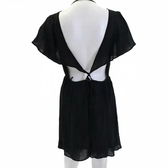 NWT Reformation Black V neck Chiffon Ruffle sleeve backless Mini Dress sz4