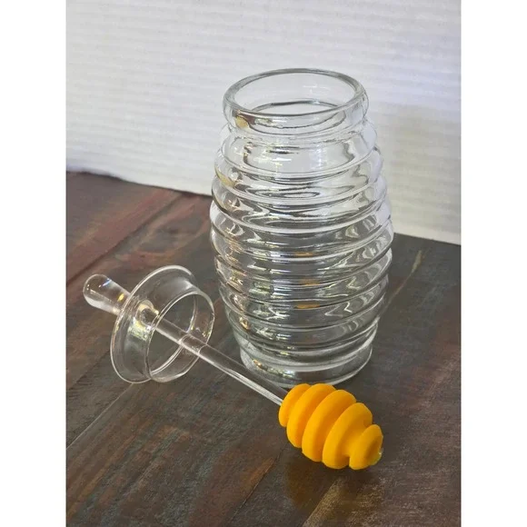 Glass Beehive Honey Pot Jar with Silicone Dipper and Fresh Honeycomb Slab Set