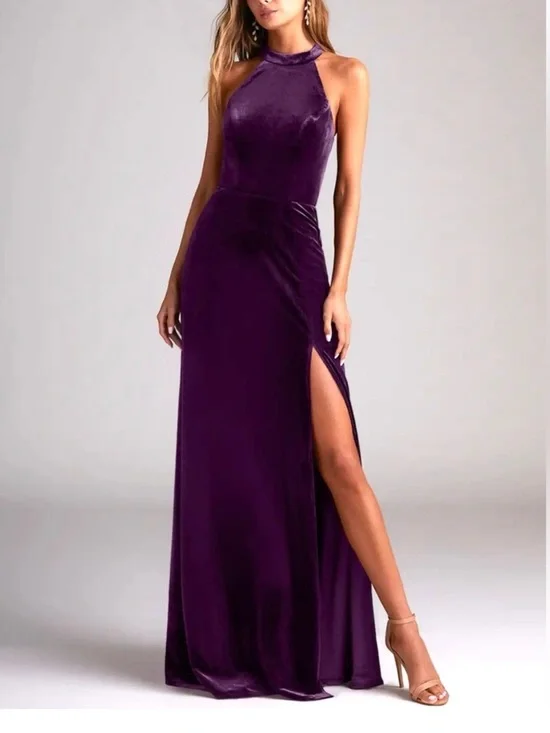 Azazie Larice Grape Aline High Neck Velvet Dress Plus Size 22 New