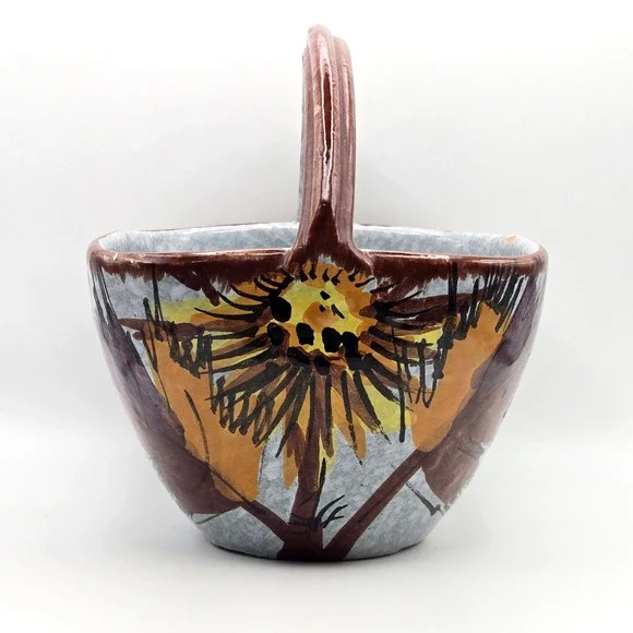 Vintage Italian Ceramic Basket Hand Painted Sunflower Pottery Made in Italy