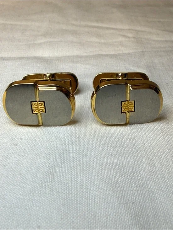 Givenchy Gold Tone & Gray Oval Logo Cufflinks 0.75