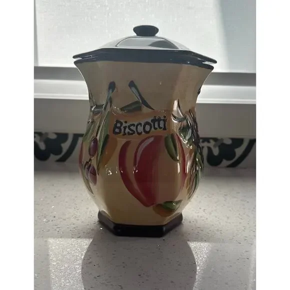 Nonni's Biscotti Ceramic Jar With Purple Top Fruit Motif Hand Painted 9 1/2