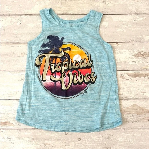 Justice Size 10 Girls Blue Palm Tree Summer Tank Top Kids Shirt