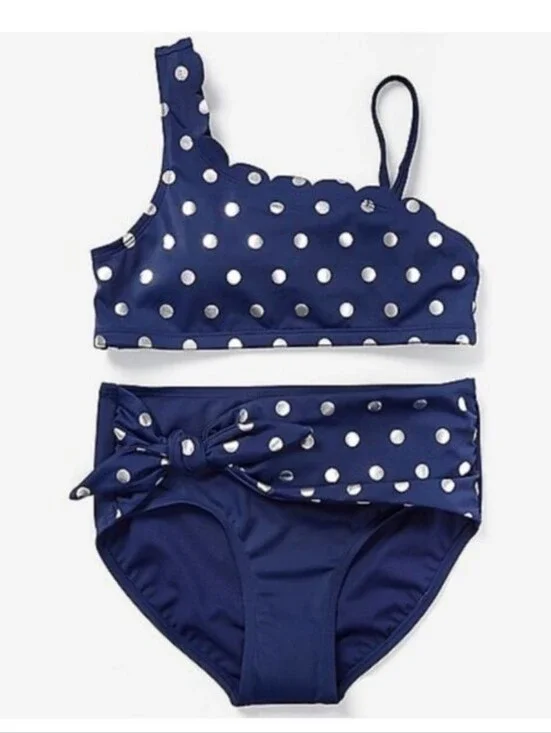 Justice Navy/Gold  Foil dot scalloped one shoulder bikini Size 14 NWT