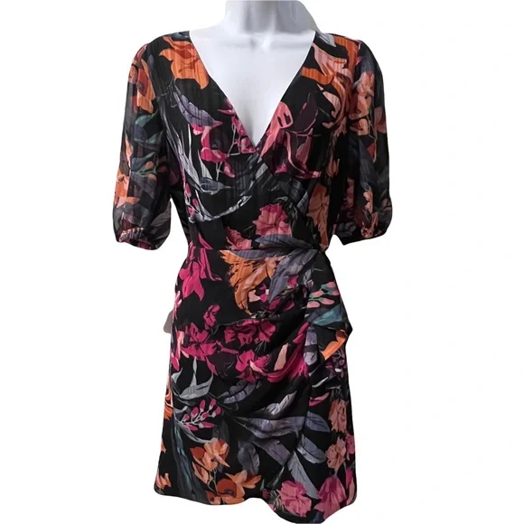 La Maison Talulah dress floral faux wrap puff sleeve open back M black tropical