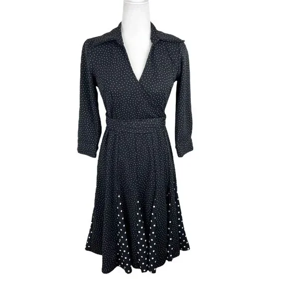 Melissa Masse Dress Women Medium Black White Polka Dot Surplice Tie Waist Casual