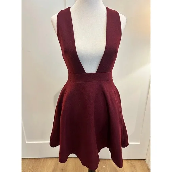Burgundy Plunge V‎ Neck Lace Trim Wool Dress Women's Schoolgirl Anime